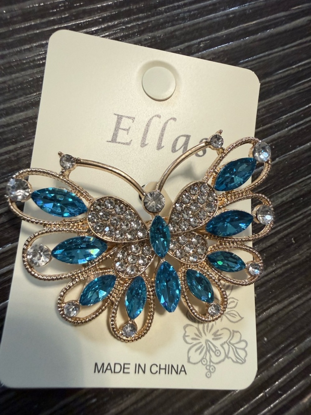 Ellas Gold-Tone Butterfly Brooch with Teal Blue Crystals